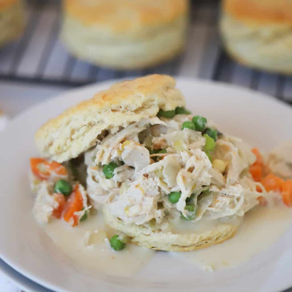 slow cooker chicken pot pie recipe on a flaky biscuit, pot pie in crock pot