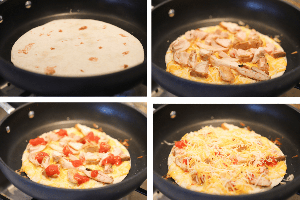 Four photos showing how to fill and cook quesadillas, including adding layers of cheese, chicken and salsa.