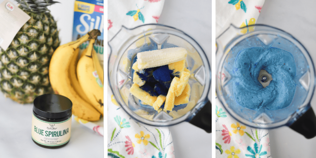Three photos showing the ingredients for making this vanilla blue sky copycat smoothie, the blender with ingredients and the blender with the ingredients blended.
