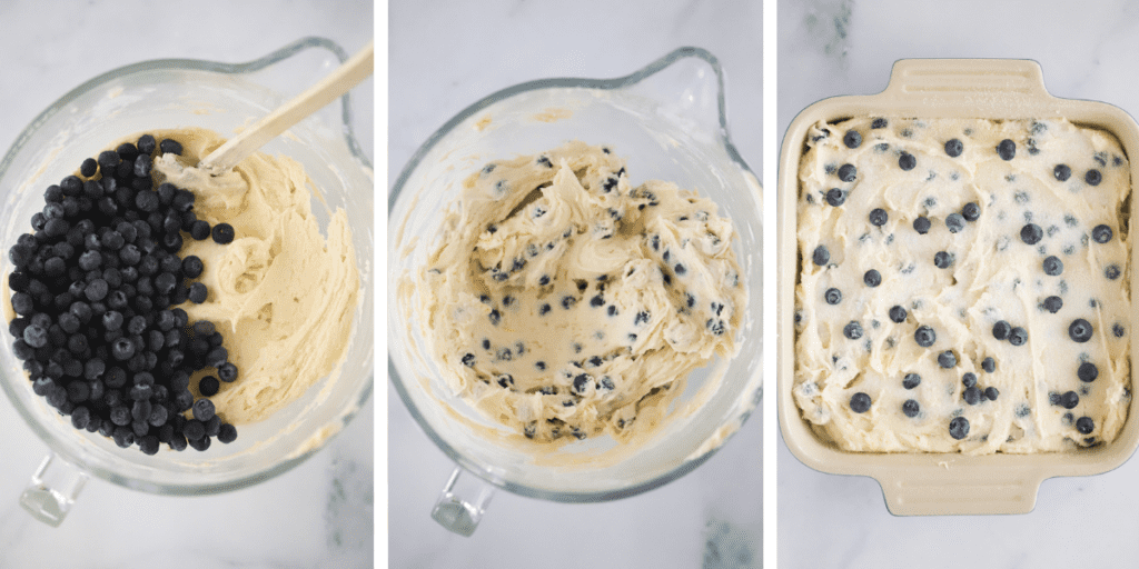 Three photos showing a mixing bowl with cake batter and blueberries, the batter fully mixed and the batter in a baking dish.