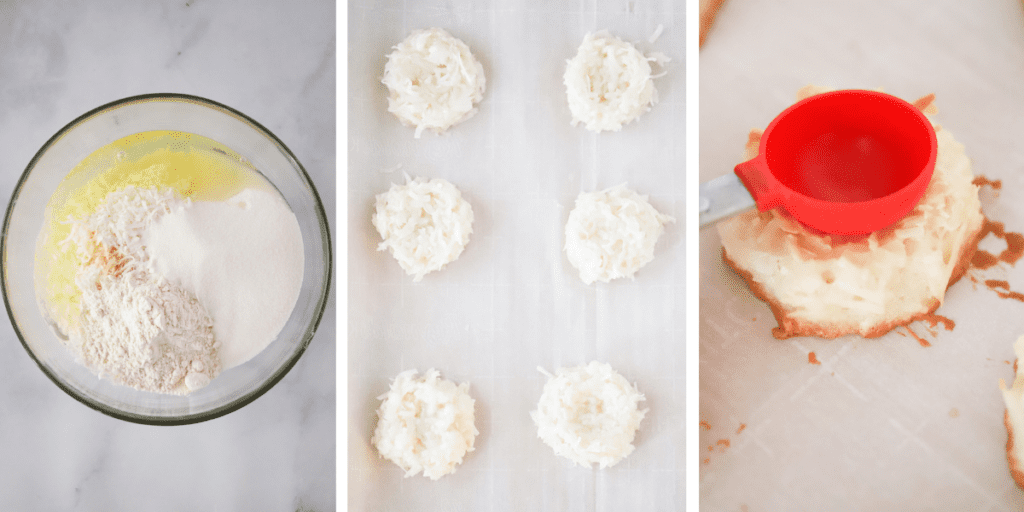 Three photos showing the steps for making macaroons, including a bowl with ingredients ready to mix, macaroons on a baking sheet ready to bake, and a measuring cup pressing a dent into the center of a baked macaroon.