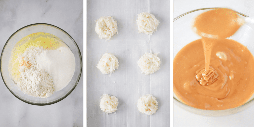 How to make this Coconut Macaroons recipe in three photos, including a glass mixing bowl with ingredients, scoops of the coconut mixture on a sheet tray and a bowl of melted caramel.