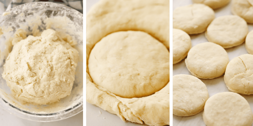 baking powder biscuit recipe process images, dough in a bowl, cutting out biscuits, and biscuits on a baking sheet. 