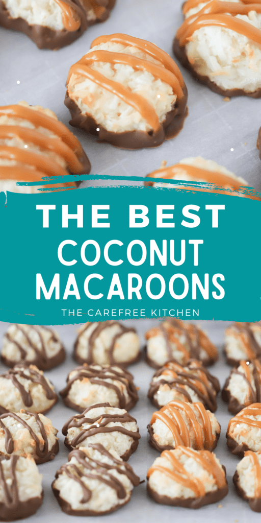 Pinterest pin for Coconut Macaroons that shows rows of chocolate-dipped macaroons drizzled with caramel sauce.