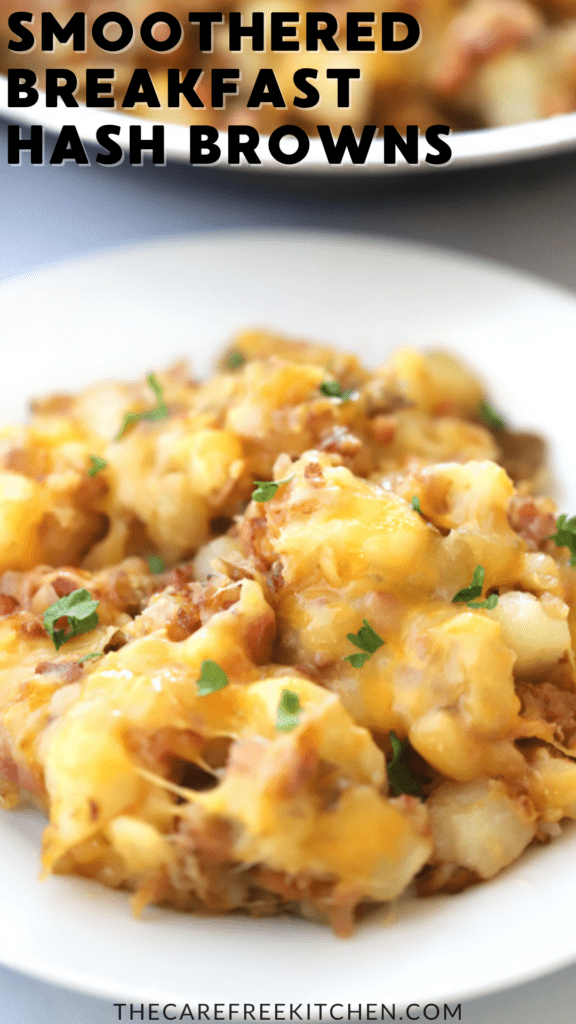 smothered hash browns served for breakfast, breakfast hash brown recipe. 