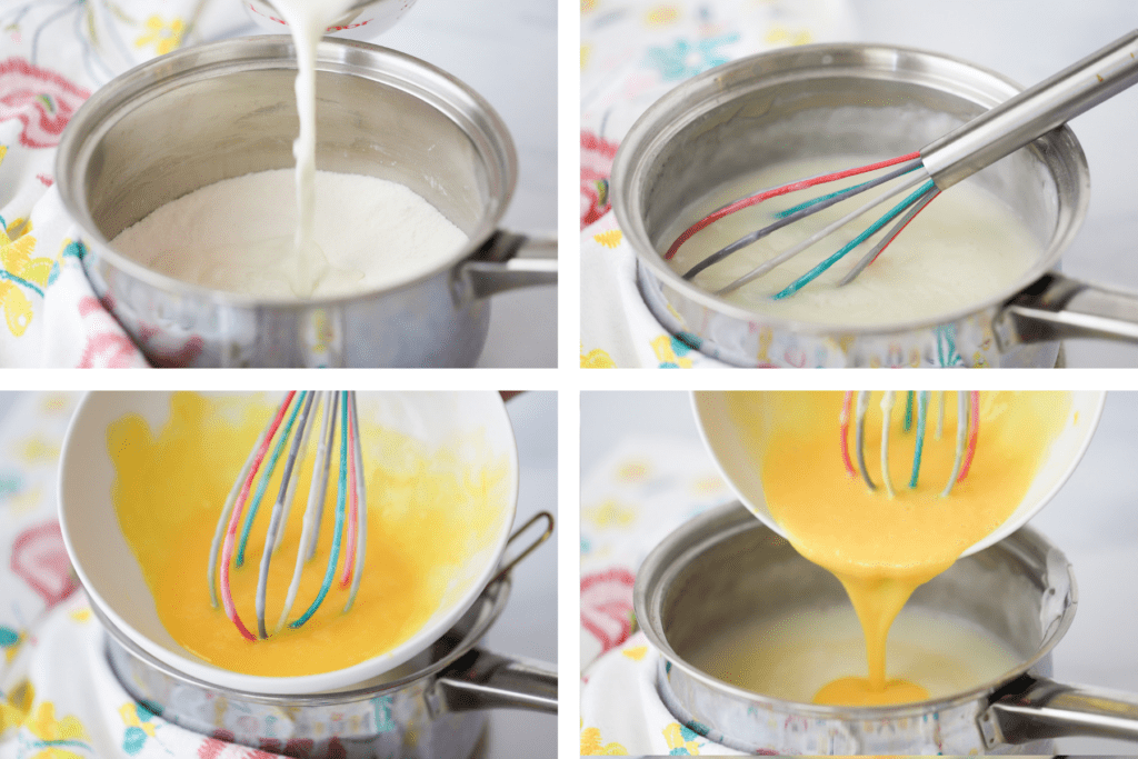 Photos showing the process of cooking pudding in a pot, including adding the milk, whisking over heat, and tempering in the egg yolks.