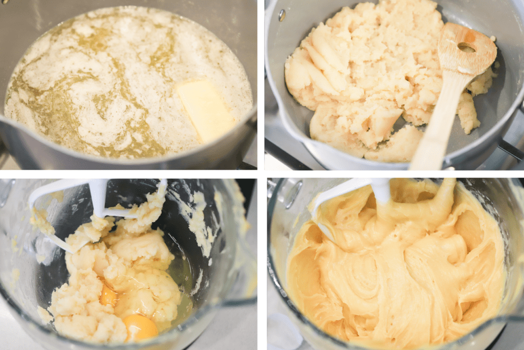 Four photos showing the process for making pâte à choux, including heating the butter and water, cooking the dough in a pot with a wooden spoon, adding the eggs in the mixer and finally the finished dough in the bowl.