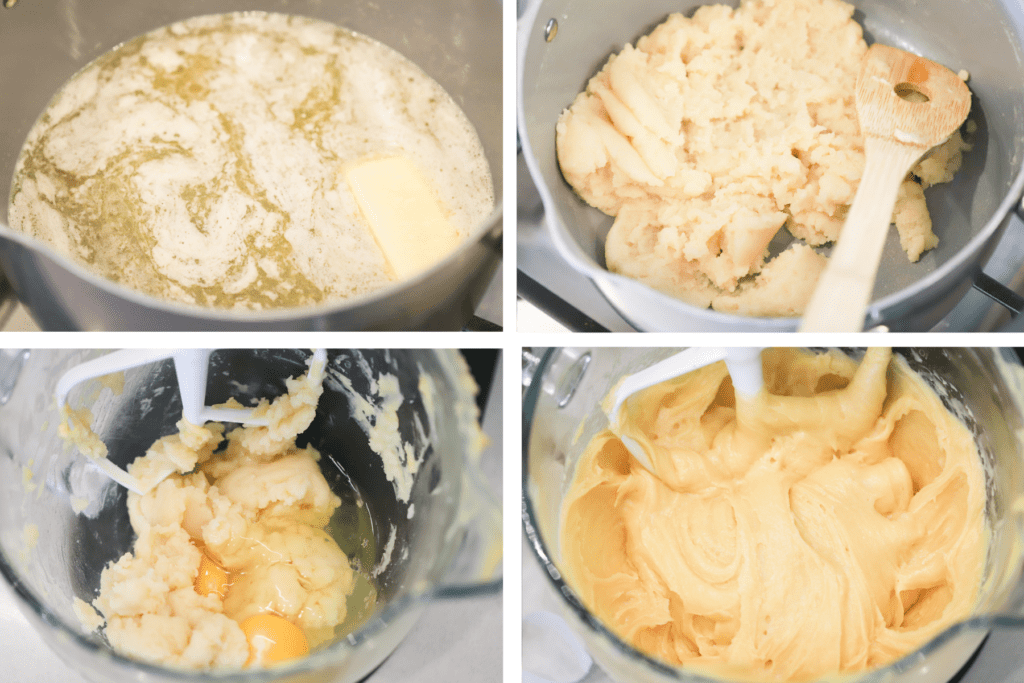 Four photos showing the process for making pâte à choux, including heating the butter and water, cooking the dough in a pot with a wooden spoon, adding the eggs in the mixer and finally the finished dough in the bowl. Cream puffs chocolate.