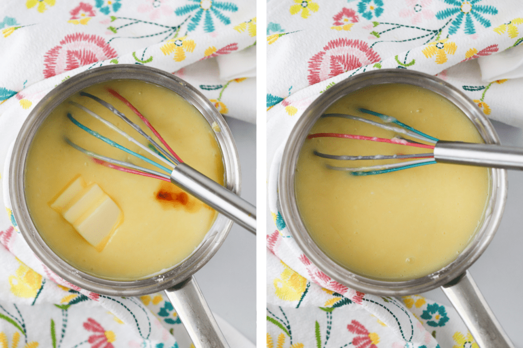 Two photos from above showing a pot full of homemade pudding with a whisk mixing in butter.