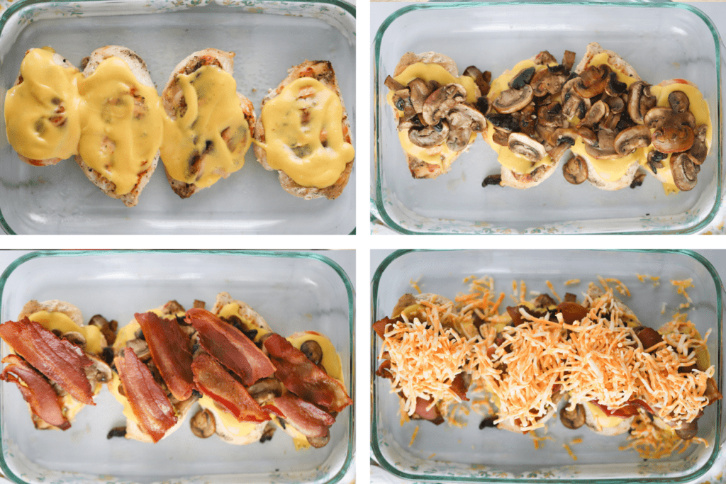 Four photos of a baking dish showing the steps for assembling this copycat Alice Springs Chicken recipe, including chicken breasts covered in sauce, next topped with mushrooms, then topped with bacon and finally topped with shredded cheese.