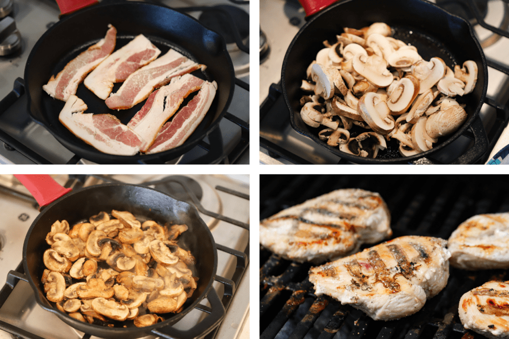 Process shotos showing how to cook the bacon, add the mushrooms, saute the mushrooms and chicken breasts on the grill.