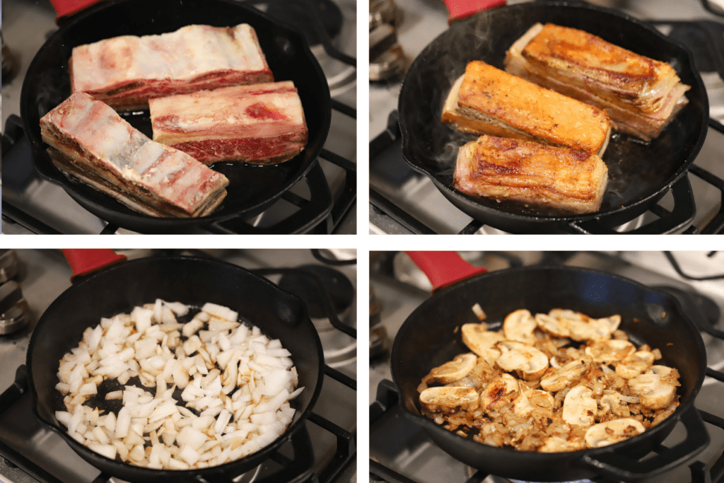 Photos showing the steps for searing short ribs in a cast iron skillet, then cooking the onions and mushrooms.