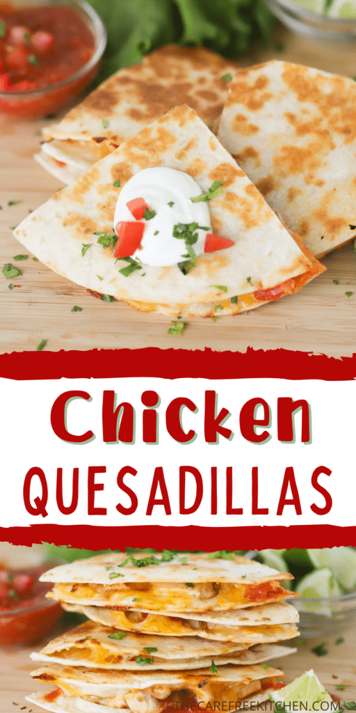 Slices of cooked quesadillas filled with cheese and chicken and topped with tomatoes, sour cream and fresh cilantro.