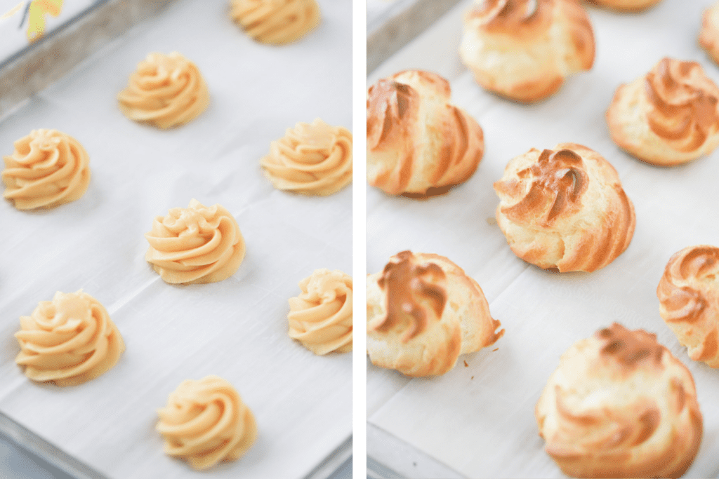 Cream Puffs piped with a styled piping tip on a baking sheet - one photo with them raw and one photo with them baked. cream puff recipe with custard filling, custard cream puff recipe. 