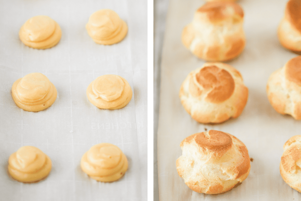 Cream Puff recipe piped with a round piping tip on a baking sheet lined with parchment paper.  One photo shows them raw and one photo shows them baked. custard puffs, custard cream puff. 