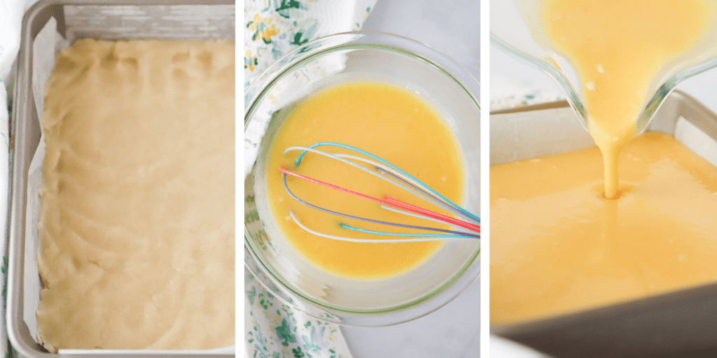 Three photos showing steps for making these easy Lemon Bars including the showbread crust pressed into a baking sheet, a glass bowl with the filling being whisked and the filling being poured over the baked crust in a pan.