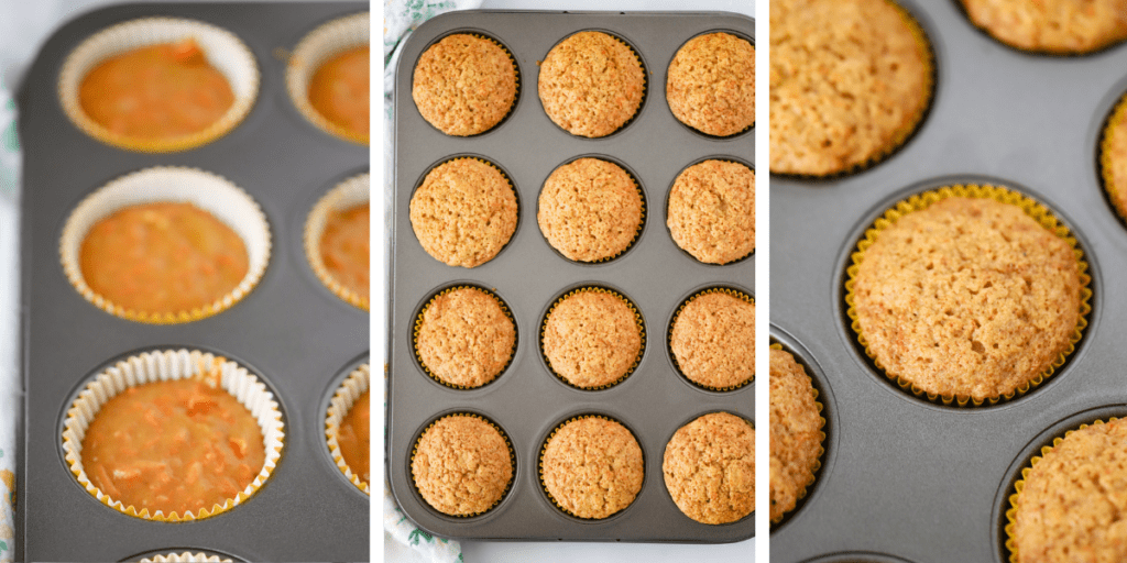 Three photos showing cupcake pans filled with carrot cake batter - one before and two after baking.