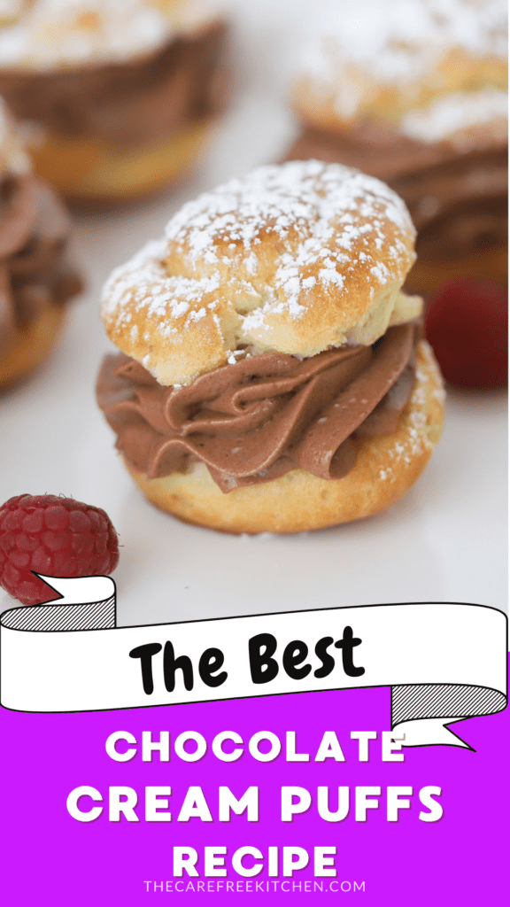 Pinterest pin for Chocolate Cream Puffs,  cream puffs chocolate recipe