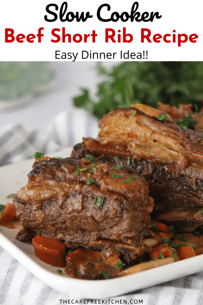Pinterest pin for Slow Cooker Beef Short Ribs. crockpot beef ribs recipe. 