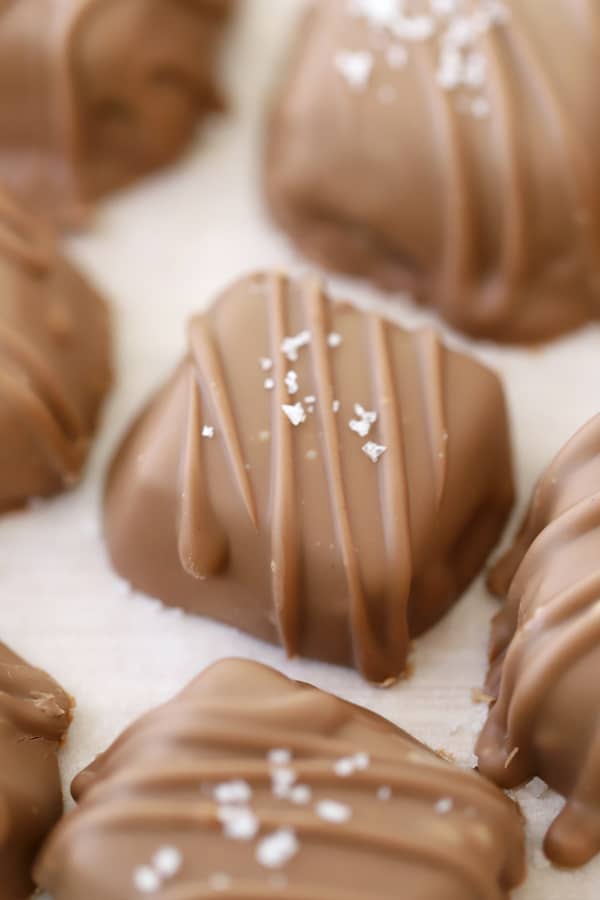 Chocolate covered caramel candies topped with flakey sea salt.