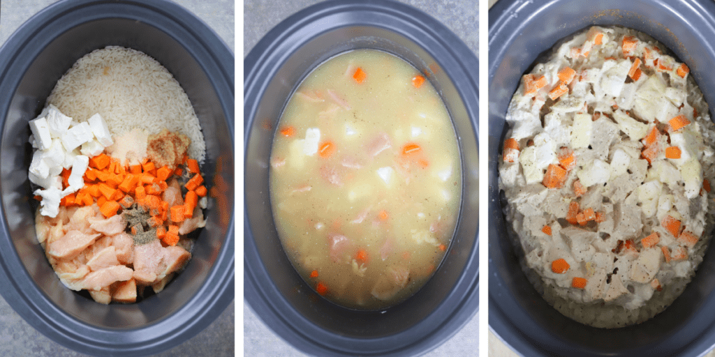 Three photos showing a crockpot above with the following: raw rice, chicken, veggies and cream cheese, the ingredients topped with broth and finally the cooked ingredients. how to make cheesy crockpot chicken, chicken rice crock pot, crockpot chicken and rice recipes. 