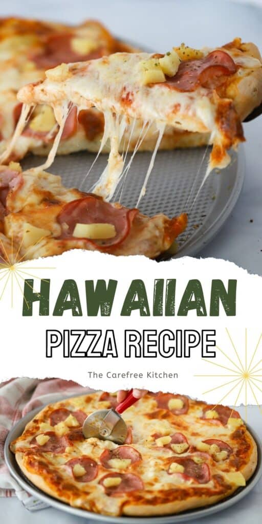 A pizza topped with pineapples and Canadian bacon being cut with a pizza cutter.