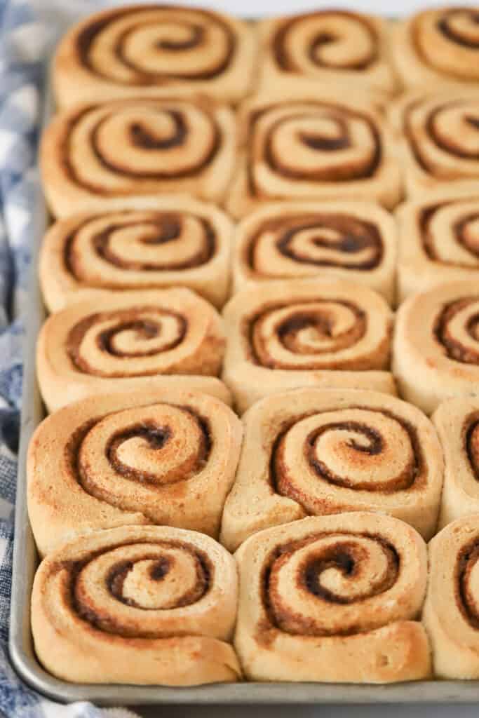 Baked cinnamon rolls in a baking sheet.