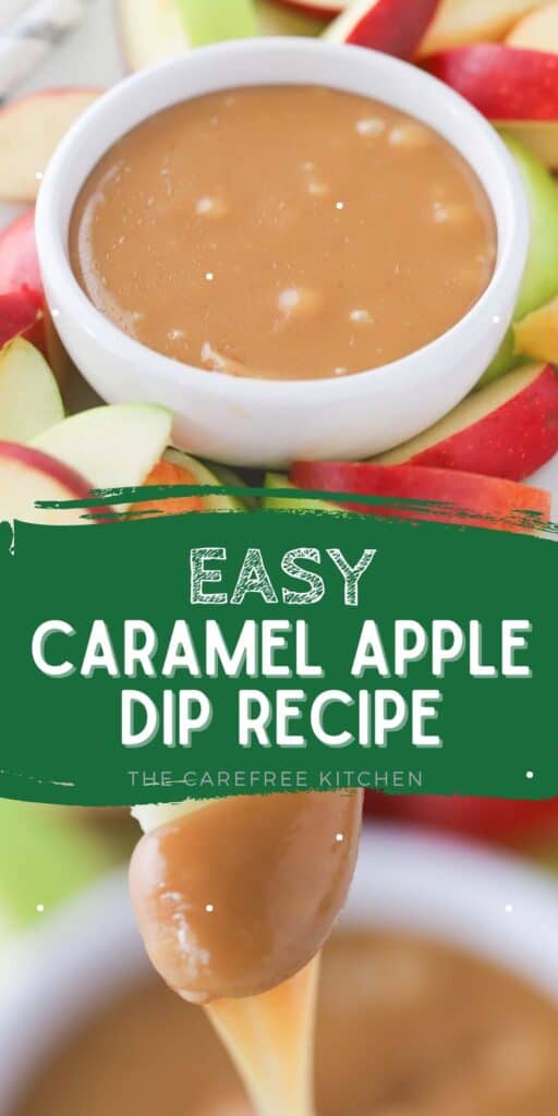 A white ramekin full of caramel dip with slices apples on the side.