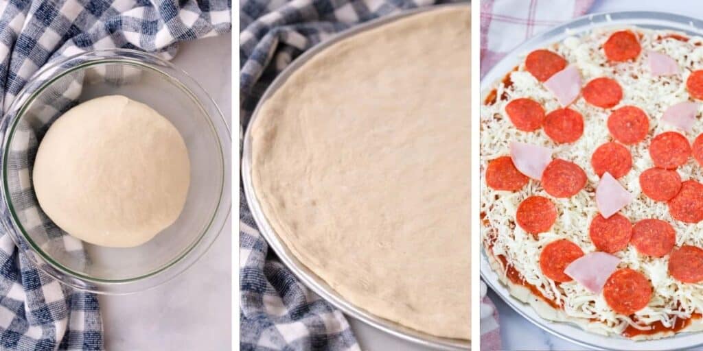 Three photos showing a ball of dough in a glass mixing bowl, pizza dough stretched onto a pizza pan and a pizza topped with sauce, cheese, pepperoni and ham ready to bake.
