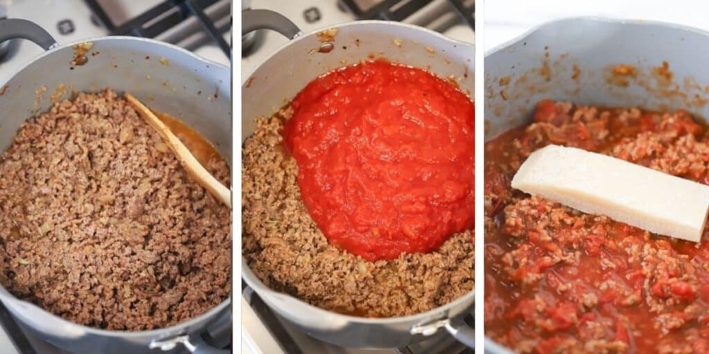 Three photos showing cooked ground beef in a pot, crushed tomatoes over the top and finally the homemade meat sauce mixture with a Parmesan rind on top cooking in the pot. meat sauce pasta, italian meat sauce.