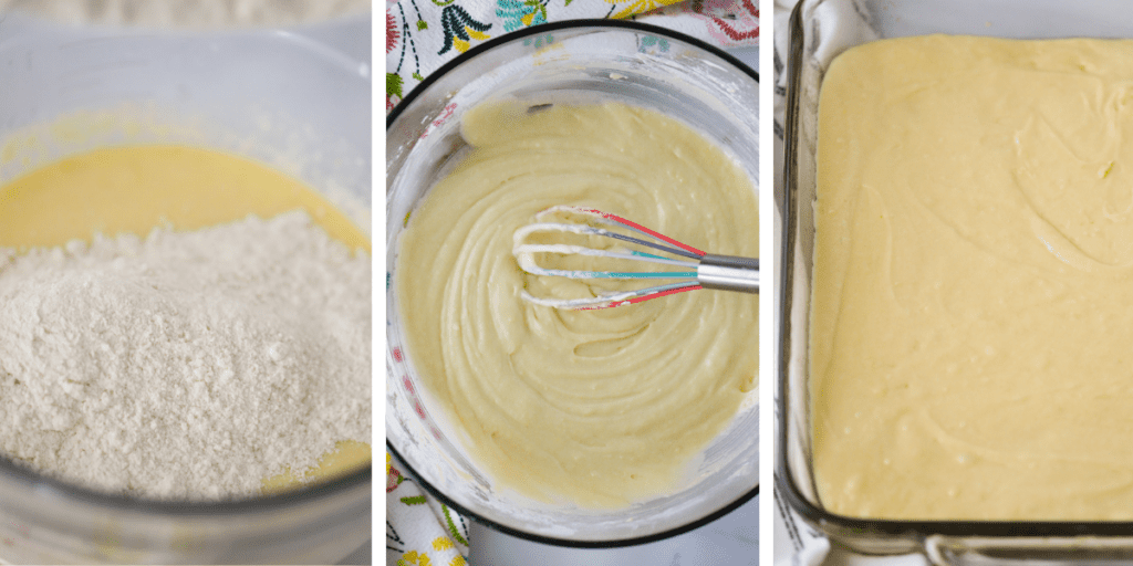 Three photos showing the process for making yellow cake batter.  First, there is a mixing bowl with batter and dry flour on top ready to mix in.  Second, there is a bowl of batter with a whisk.  Third, there is cake batter set inside a 9"x13" baking dish.