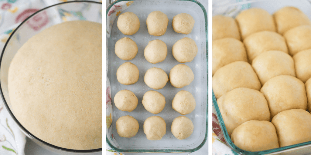Three photos showing a bowl of dough that has risen, dough balls in a baking dish and the fully proofed rolls in a baking dish that are ready to bake.