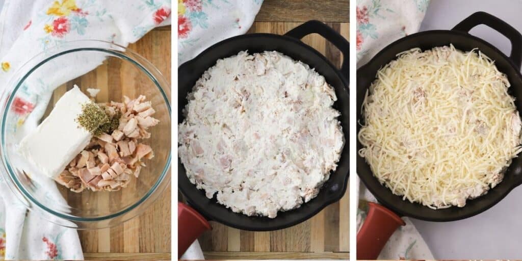 Three photos showing how to make this Alfredo dip with chicken.  First, it shows a glass bowl with chopped chicken, cream cheese and seasoning.  Second, it shows a cast iron skillet full of mixed dip.  Third, it shows the filled skillet now topped with shredded cheese and ready to bake.