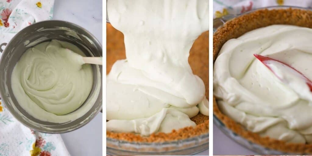 Three photos showing how to make our easy Key Lime Pie.  The first picture has a mixing bowl filled with the pie filling.  The second picture showing the filling being poured into the crust.  The third picture showing a spatula smoothing out the filling.