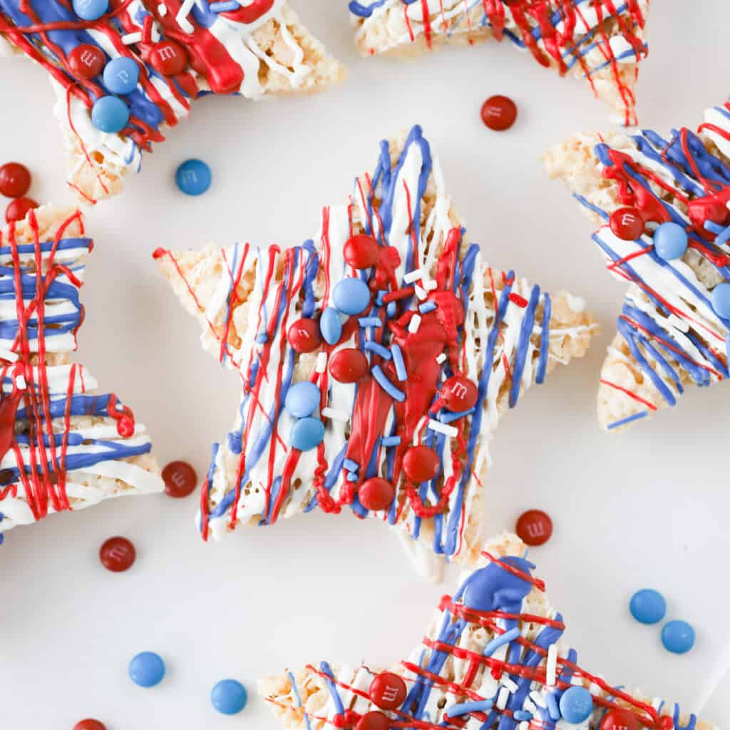 Star shaped red white and blue rice krispies pops for memorial day.