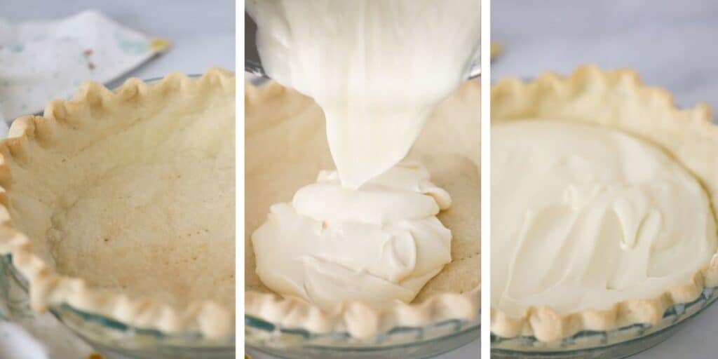 Three photos showing a baked pie crust, a cream filling being added and finally the leveled out cream layer inside the pie. strawberries whip cream pie. 