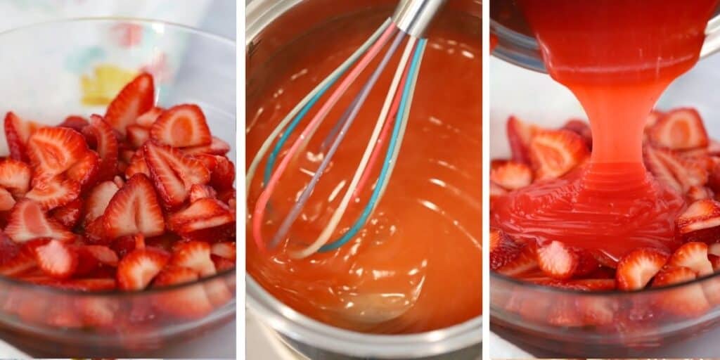 Three photos of the process for making this strawberries and cream pie recipe.  First, there is a glass mixing bowl full of berries.  Second, a small saucepan full of glaze with a whisk mixing it.  Third, the glaze is being poured over the fresh berries in the bowl.