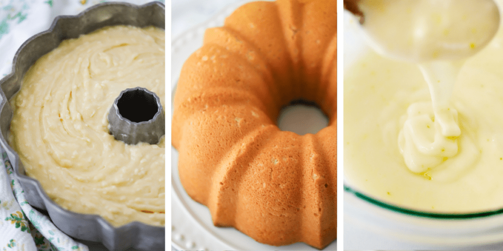 Three photos in a row showing pound cake batter in a bundt pan, a baked pound cake on a serving platter and a bowl with glaze.