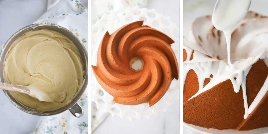 Three photos showing the process for baking a bundt cake.  First there is a mixing bowl with cake batter and a spatula.  Second there is a baked bundt cake on a serving plate.  Last there is a spoon adding glaze to the top of the cake.