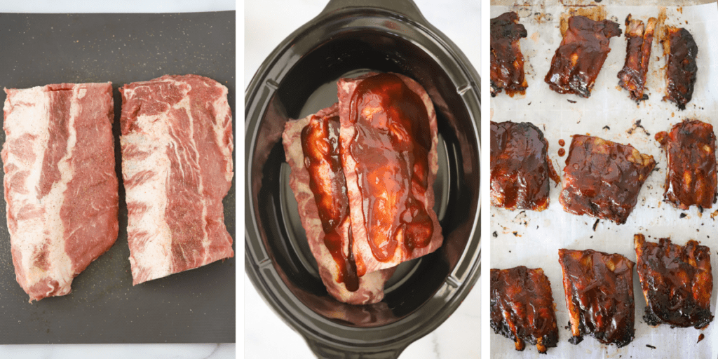 Steps showing how to make Spare Ribs in the slow cooker.  First, raw spare ribs are but in half on a cutting board.  Second, they are placed into a crockpot with BBQ sauce. Finally, they are cooked and resting on a sheet tray. slow cooker bbq ribs, spare ribs in slow cooker.