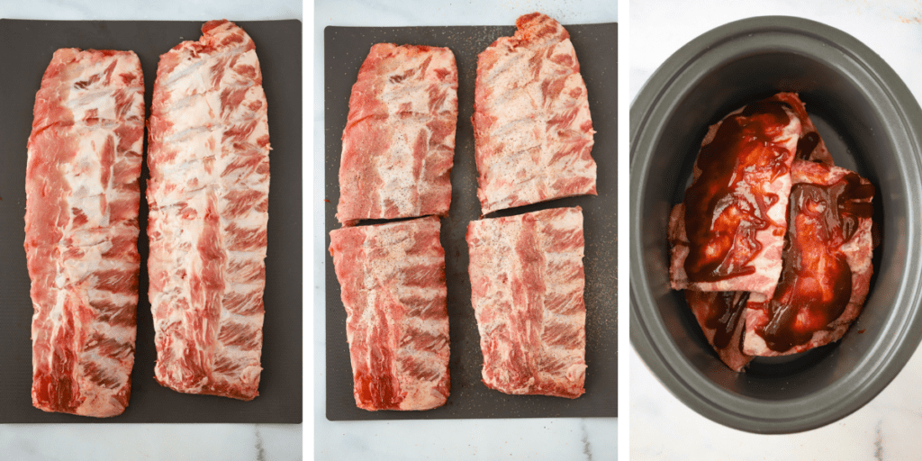 Three photos showing how to make slow cooker pork ribs recipe.  First, they are laid out flat on a cutting board, second they are sliced in half and rubbed with a slow cooker ribs dry rub, third they are placed into a crock pot and covered with BBQ sauce.