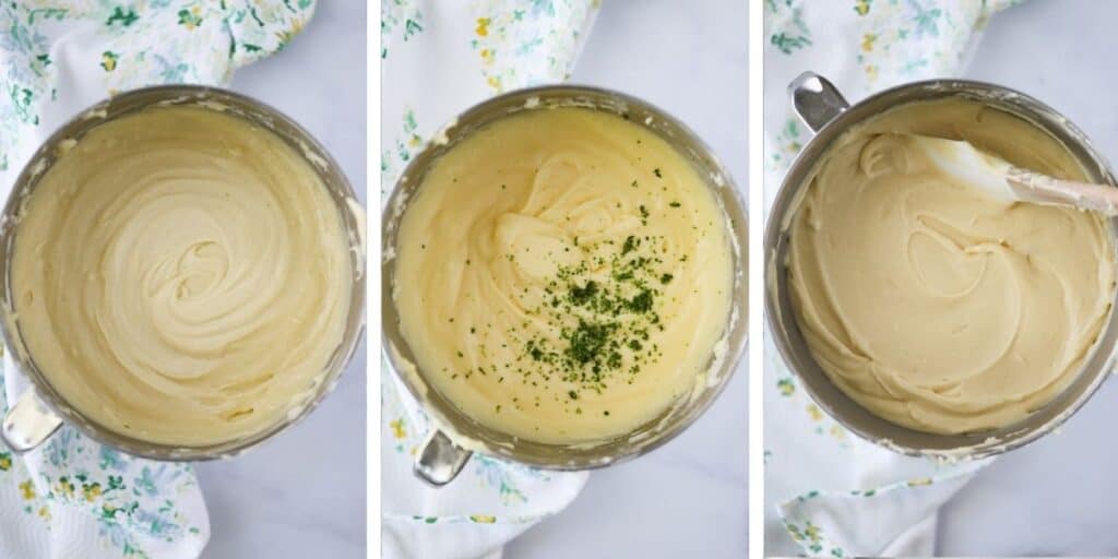 Three photos showing a mixing bowl full of cake batter.  The first is the plain batter.  The second shows the batter topped with fresh lime zest.  The third shows a spatula mixing the batter.