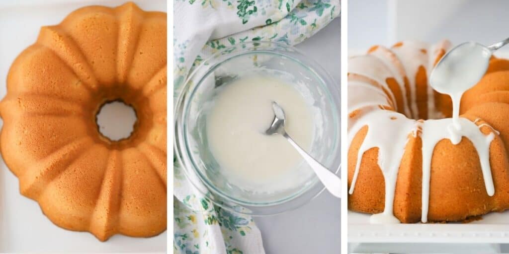 Three photos showing a baked pound cake, a bowl of glaze with a spoon and finally the spoon glazing the top of the baked lime pound cake.
