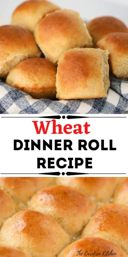Wheat dinner rolls in a bowl with a kitchen towel.