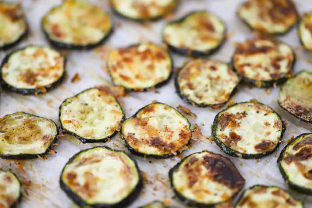 Baked Zucchini Chips on a baking sheet.