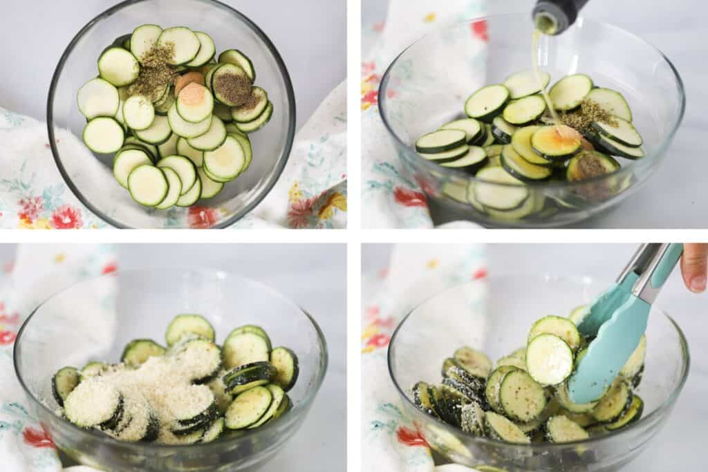 Four photos showing the steps for seasoning sliced zucchini.  Each photo has the zucchini in a large glass mixing bowl.