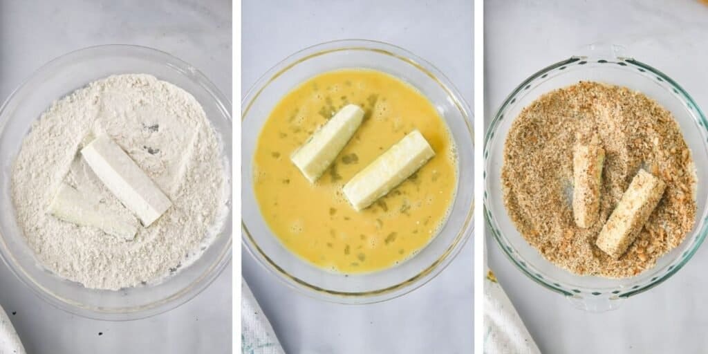 Three photos showing three separate bowls: one with flour, one with an egg mixture and one with a bread crumb mixture for dipping the zucchini spears.