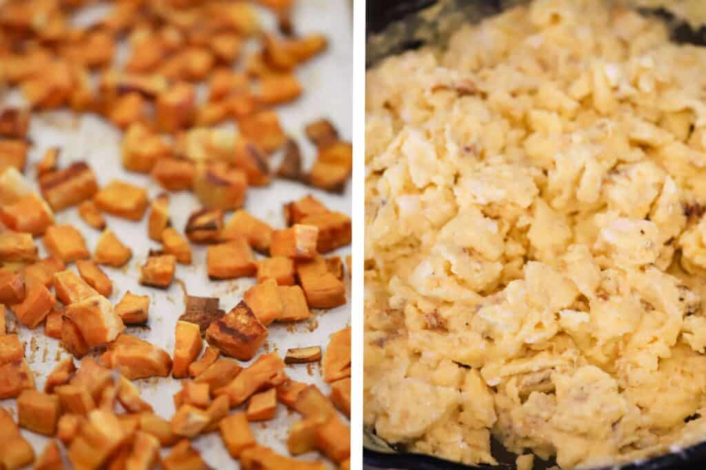 how to make freeze breakfast burritos. Three side-by-side prep photos showing a tray with roasted sweet potatoes, a pan full of scrambled eggs.