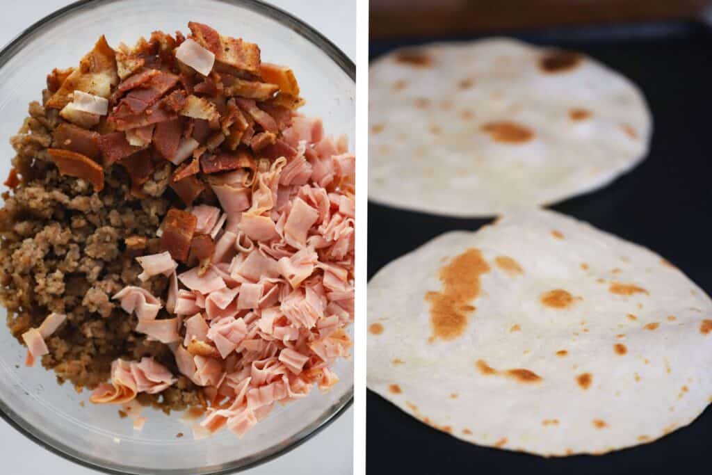 a side by side picture of a large bowl full of cooked sausage, bacon bits and diced ham and fresh tortillas being cooked on a griddle. 