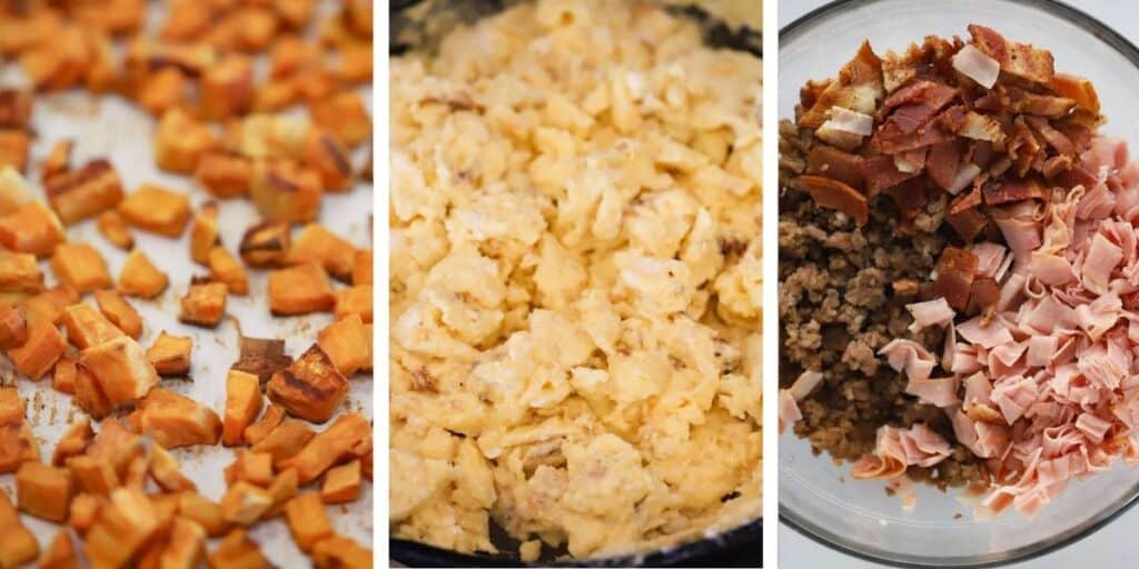 Three side-by-side prep photos showing a tray with roasted sweet potatoes, a pan full of scrambled eggs and a large bowl full of cooked sausage, bacon bits and diced ham.